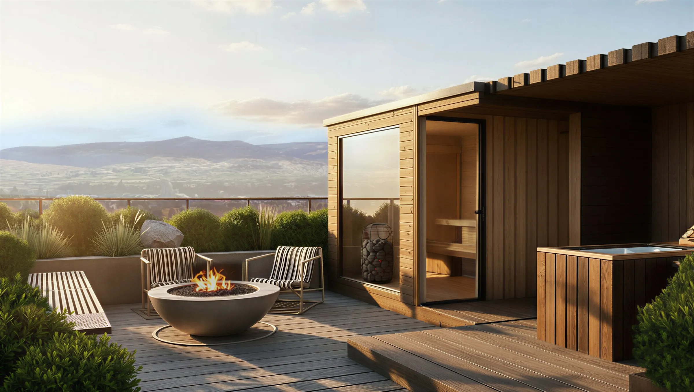 Concept rendering of the rooftop sauna and fire-pit lounge, looking toward the hills