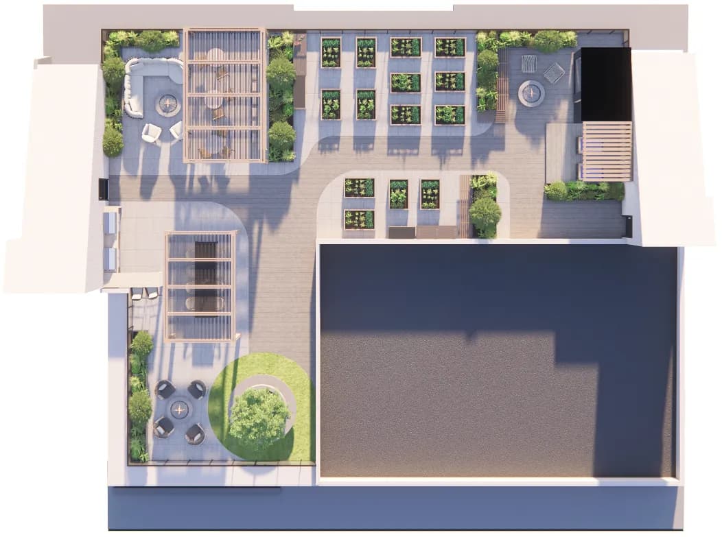 Serenity Kelowna rooftop amenity plan — bird's eye view