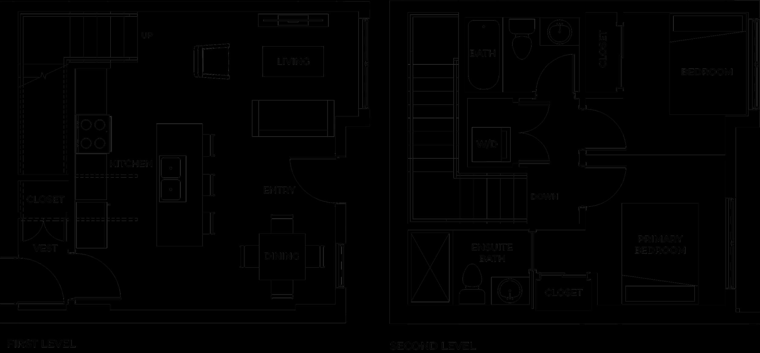Townhome A floor plan across two levels: living, dining and kitchen island on the main level, two bedrooms, two bathrooms and laundry on the upper level