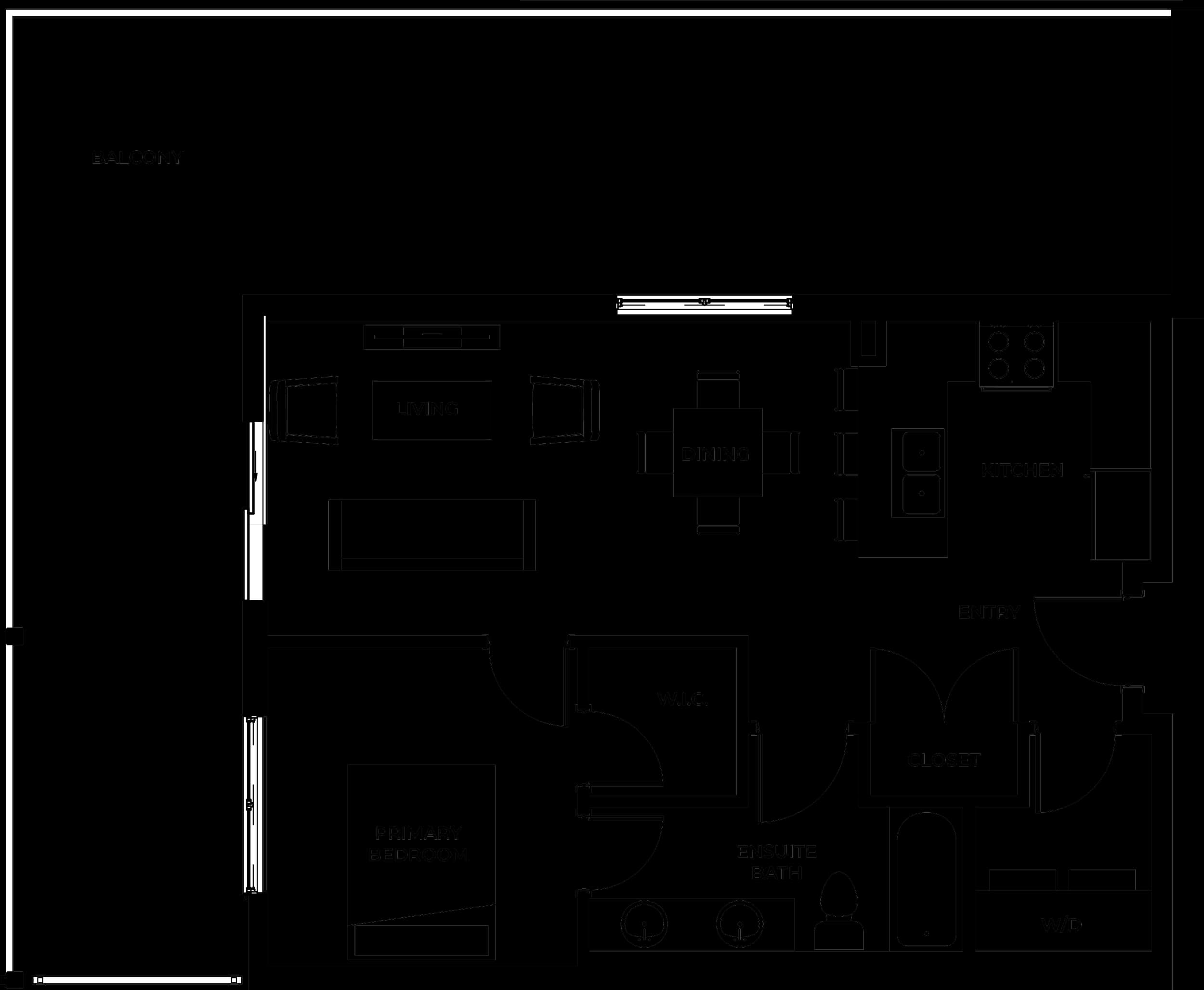 Type D1 one bedroom condo floor plan at Serenity Kelowna, approximately 660 square feet with a private balcony