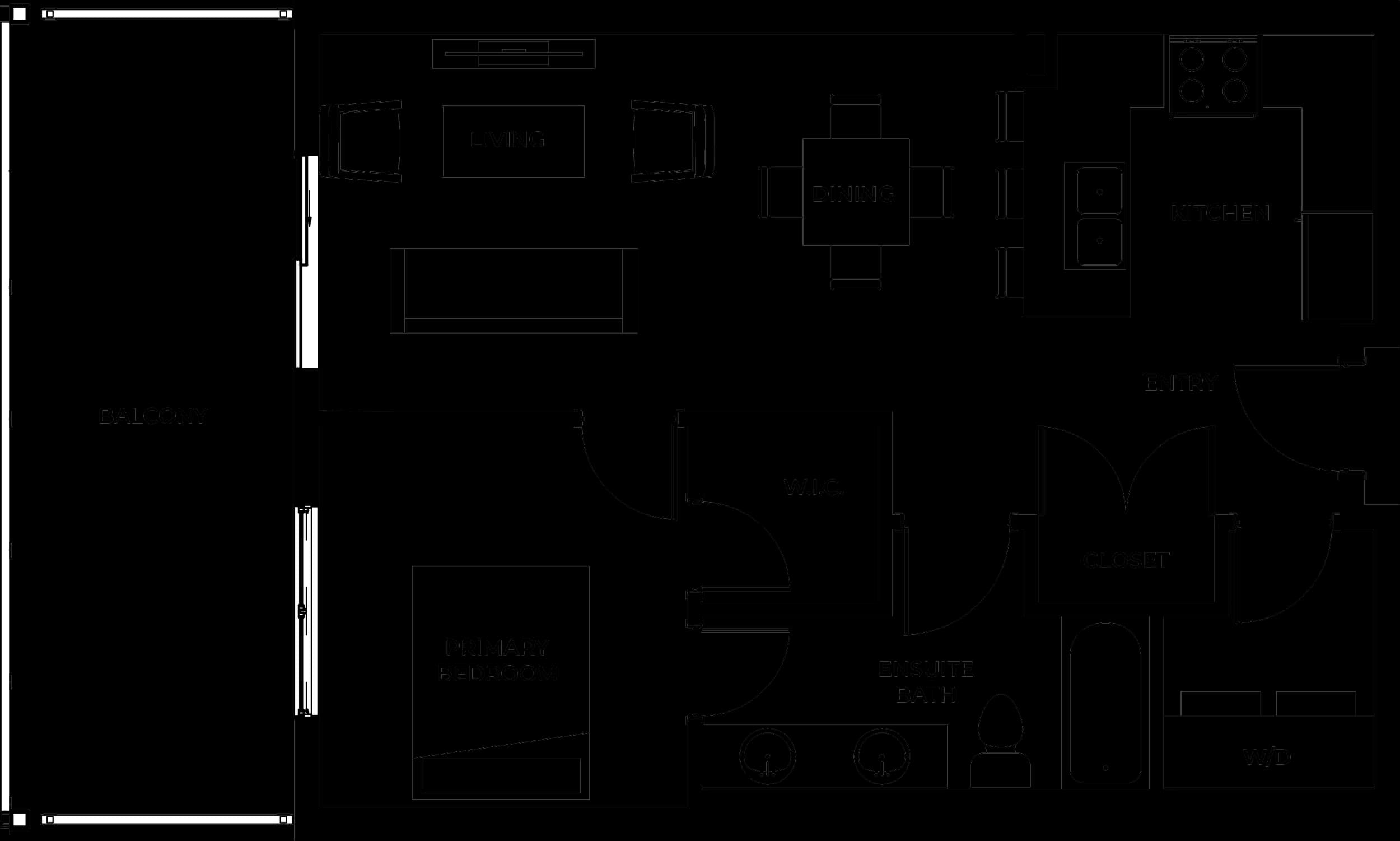 Type D2 one-bedroom condo floor plan: open living, dining and kitchen with island, a balcony along one side, and a primary bedroom with walk-in closet and ensuite