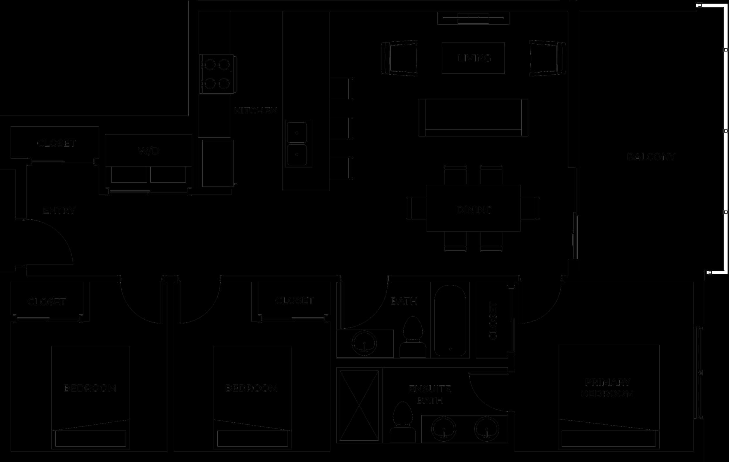 Type F three-bedroom condo floor plan: kitchen with long island, dining and living area opening to a balcony, primary bedroom with ensuite and two further bedrooms sharing a bathroom