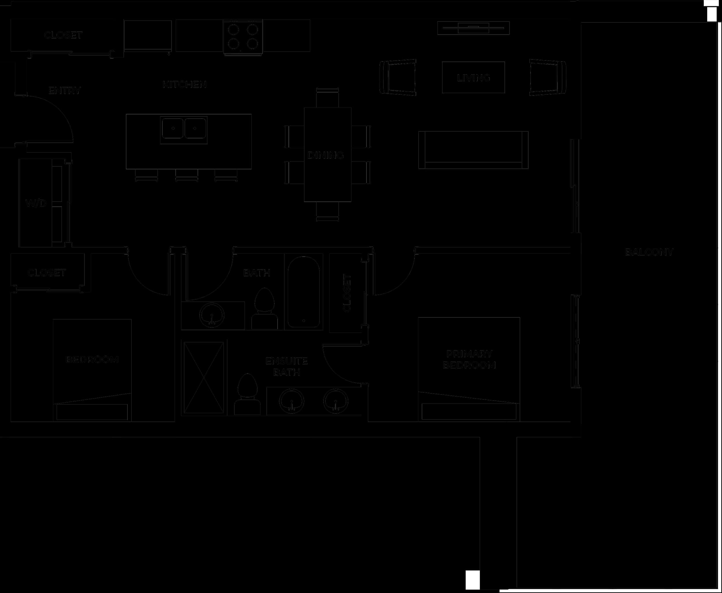 Type G2 two-bedroom condo floor plan: kitchen island, dining and living area opening to a balcony, primary bedroom with ensuite, second bedroom and second bathroom