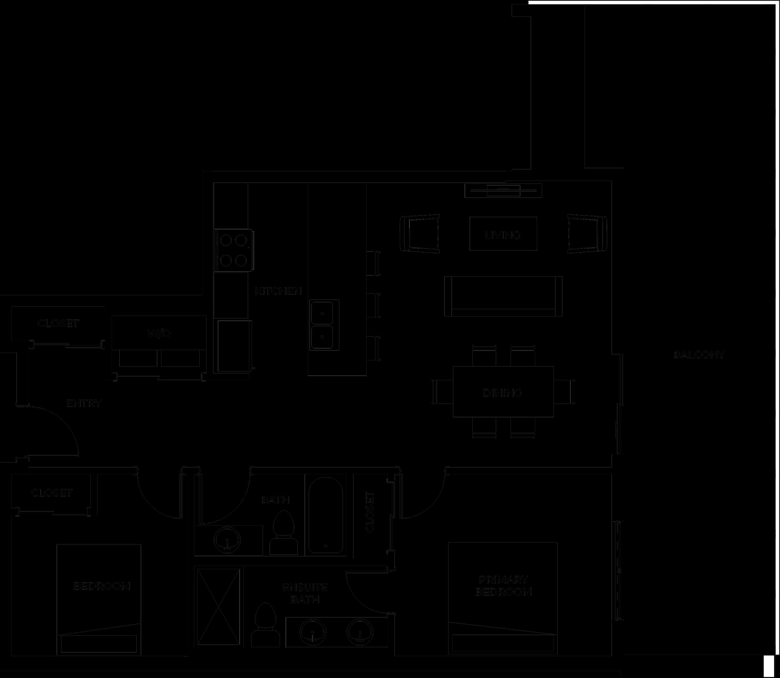 Type H two-bedroom condo floor plan: kitchen with long island, dining and living area opening to a balcony, primary bedroom with ensuite, second bedroom and second bathroom