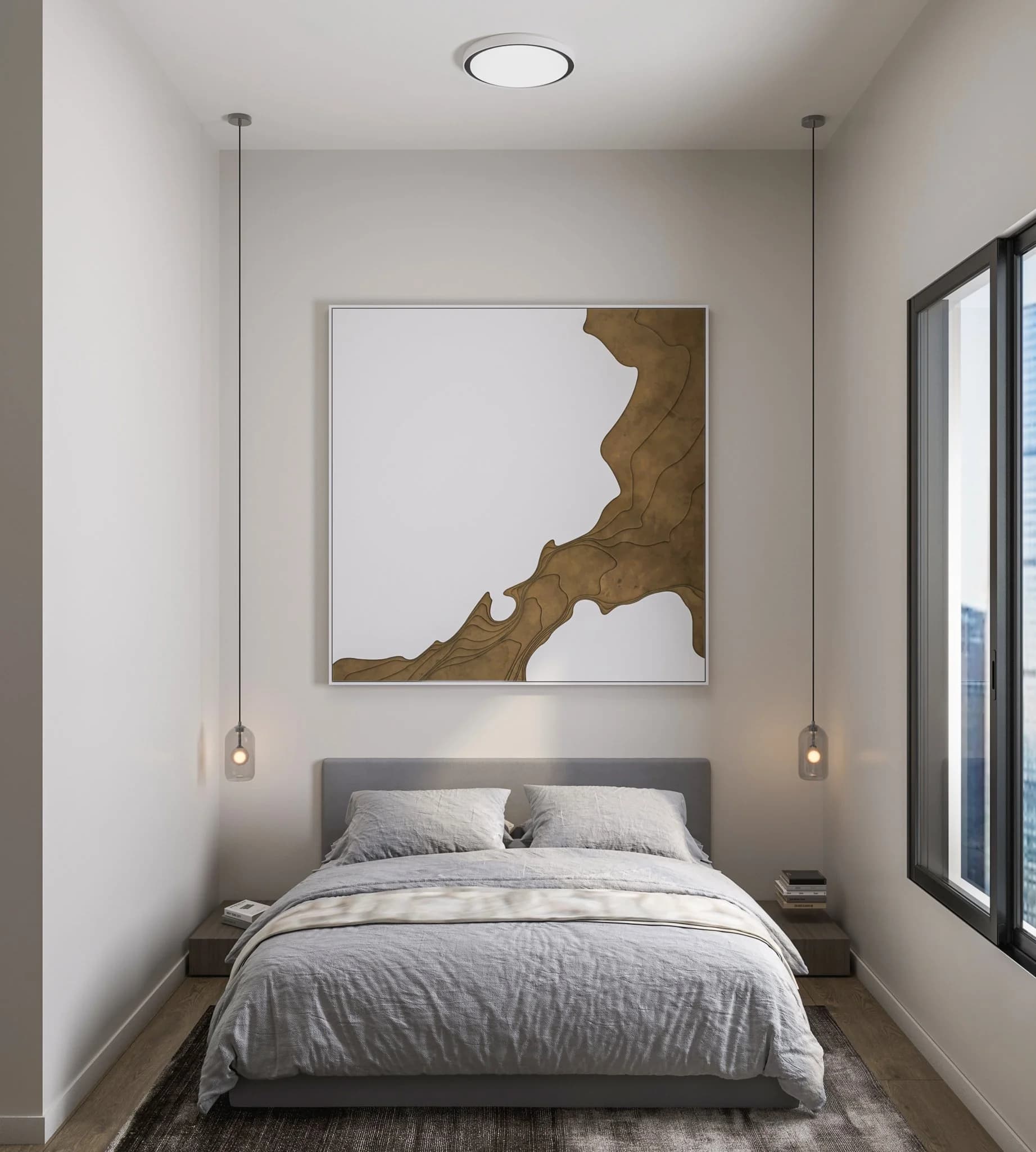 Serenity Kelowna bedroom interior, wide-plank hardwood flooring and full-height window