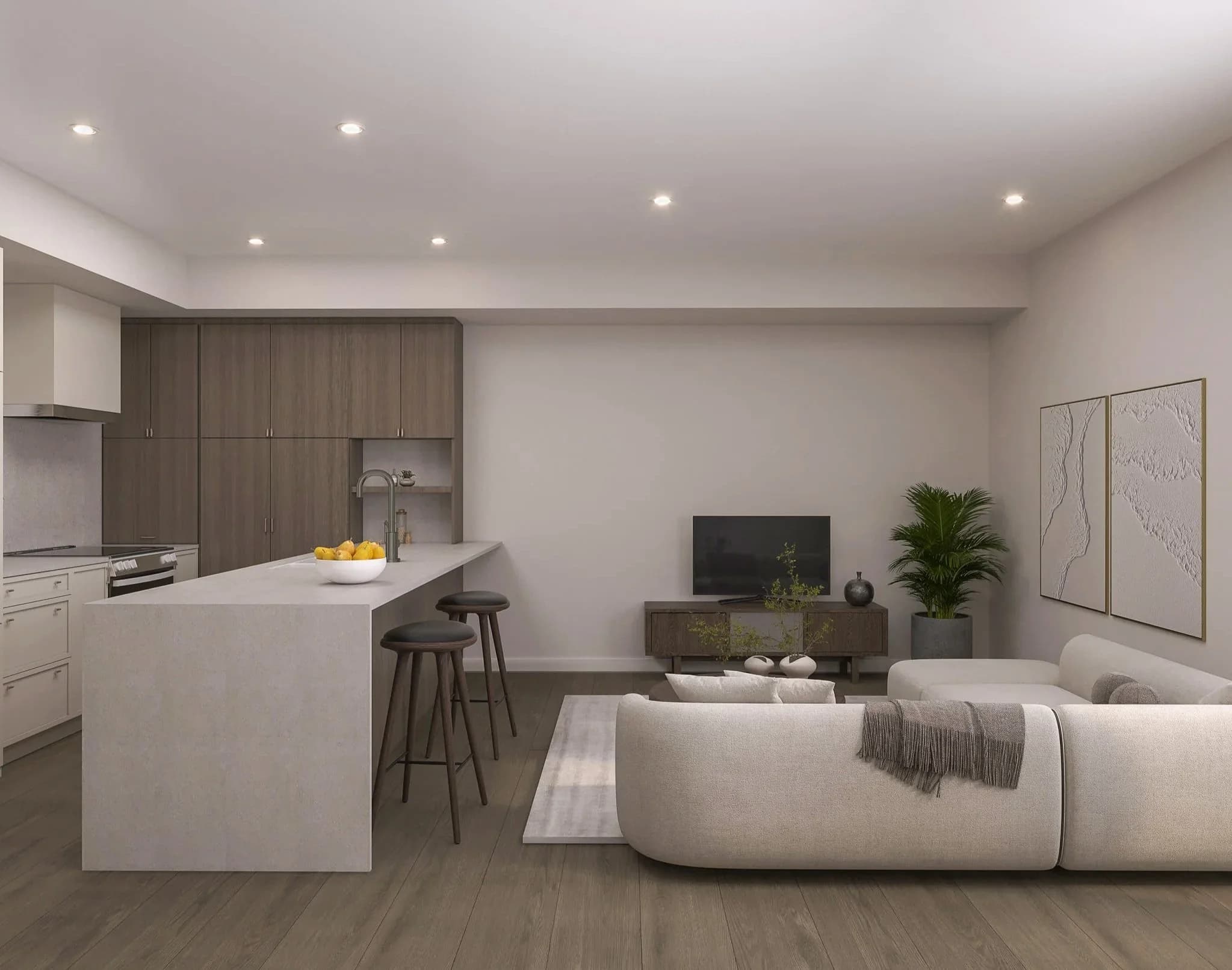 Serenity Kelowna open-plan living and kitchen interior, wide-plank hardwood flooring