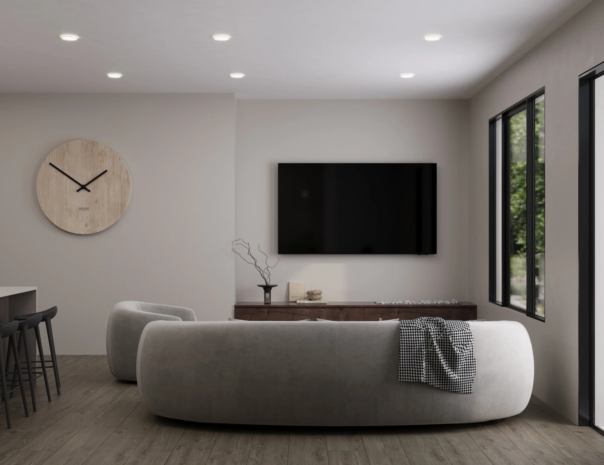 Concept rendering of a Serenity living room with a sofa, dining table and tall windows