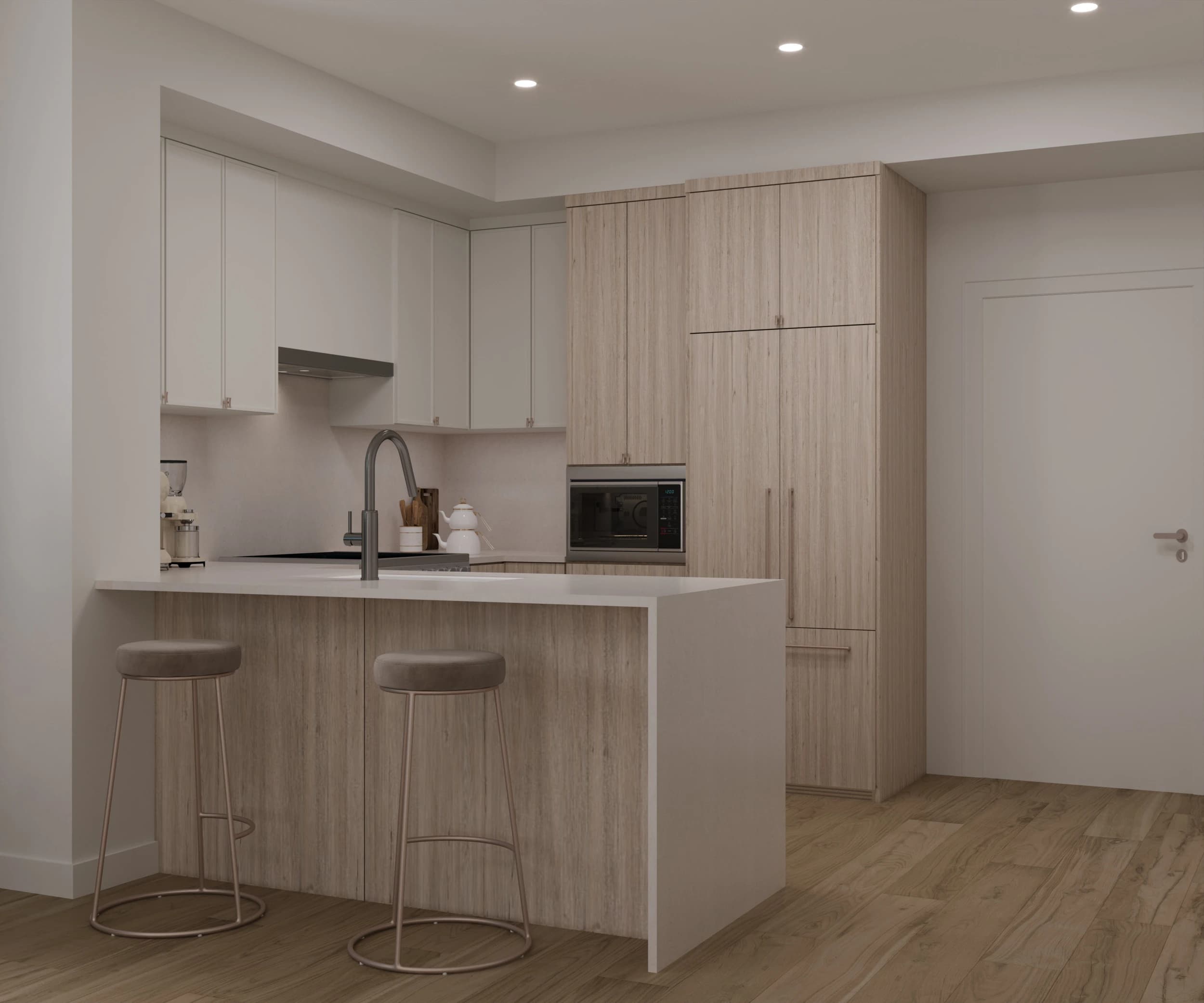 Concept rendering of a Serenity kitchen with an island and light cabinetry