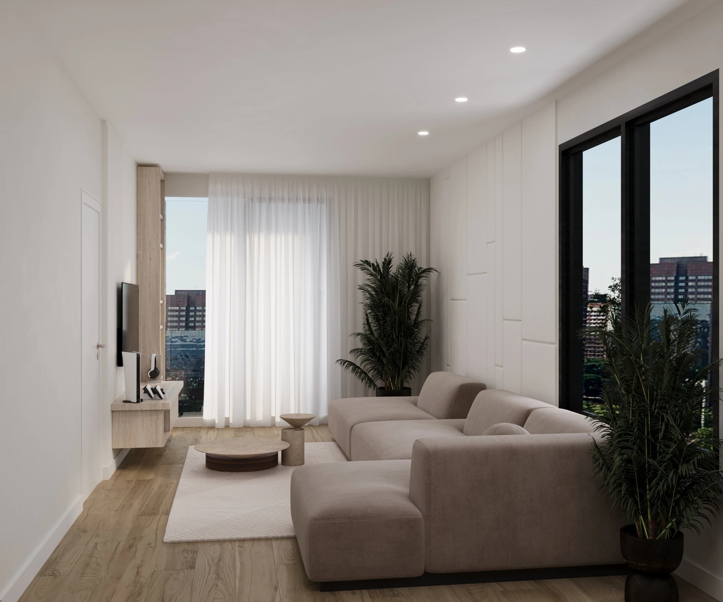 Concept rendering of a Serenity living room with tall windows and a sectional sofa