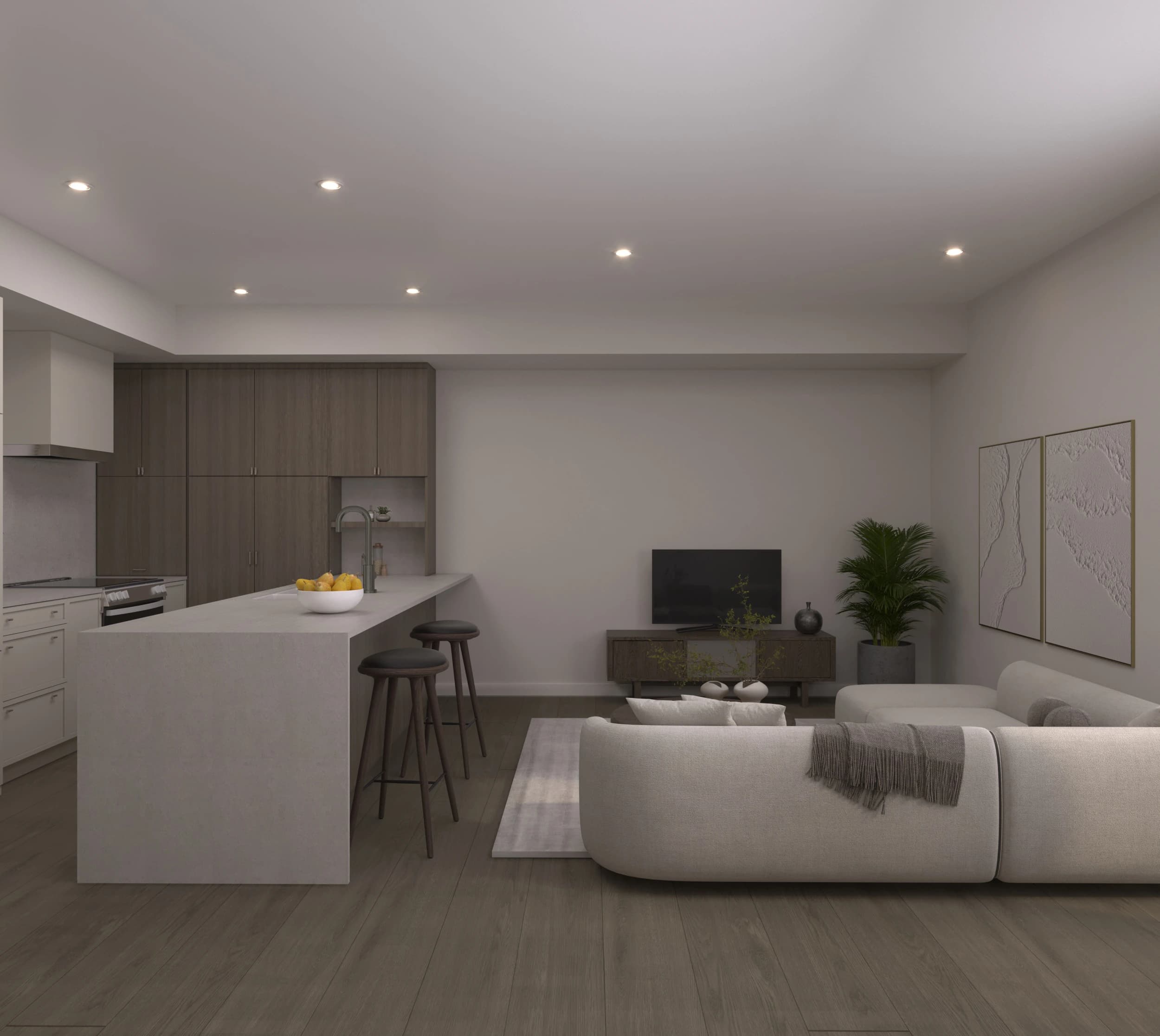 Concept rendering of an open-plan Serenity kitchen and living room