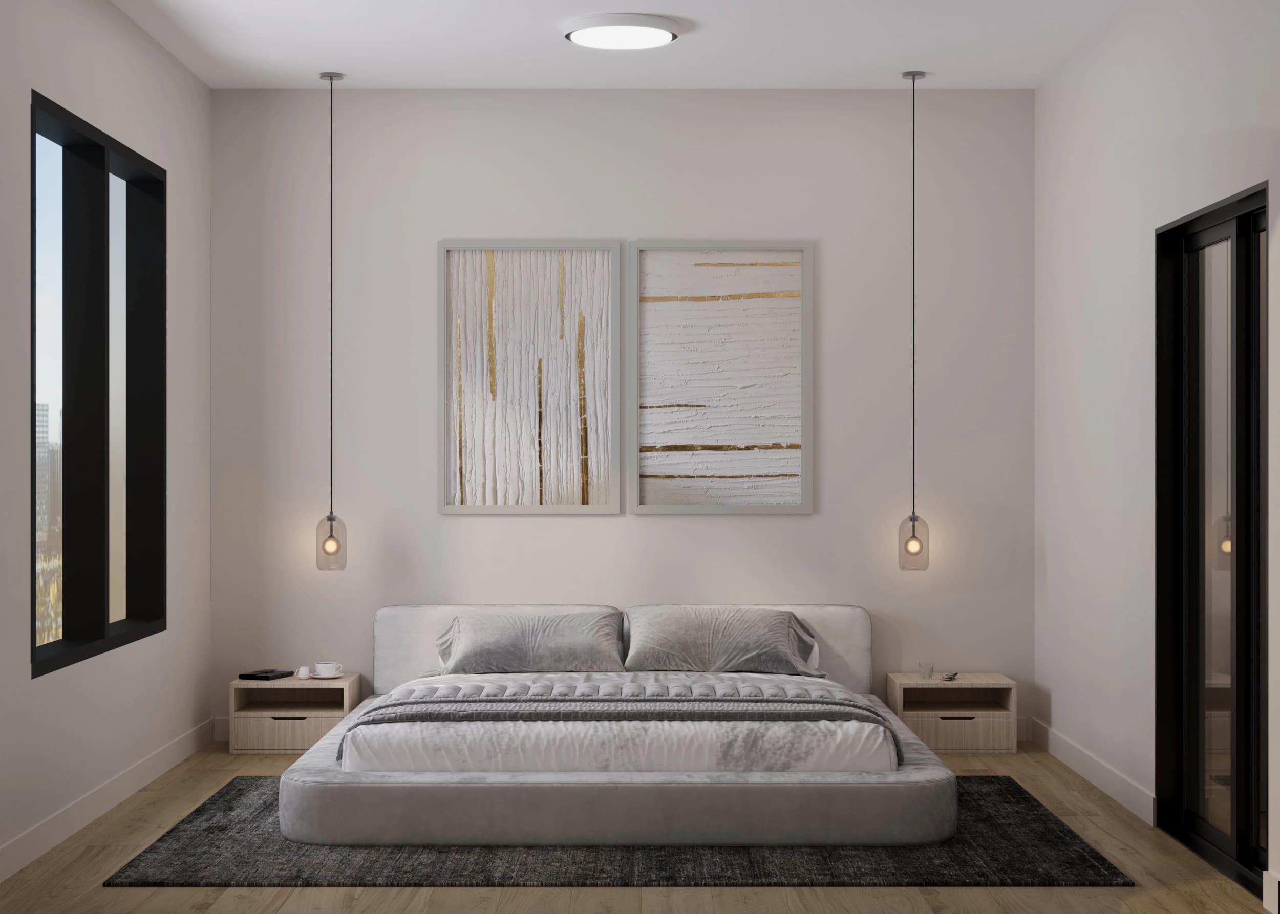 Concept rendering of a Serenity bedroom with pendant lights and tall windows