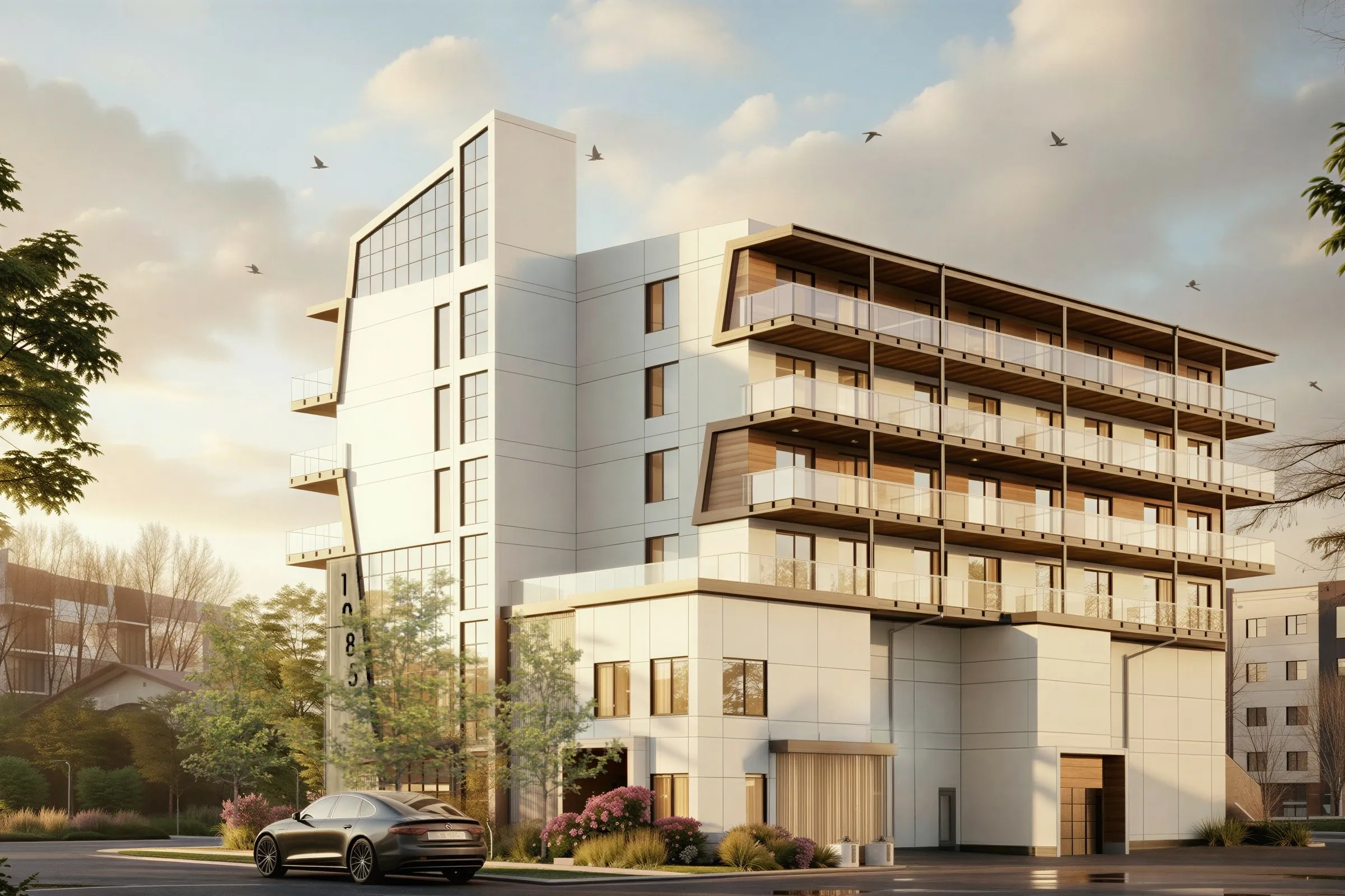 Concept rendering of the Serenity building at golden hour from Martin Avenue